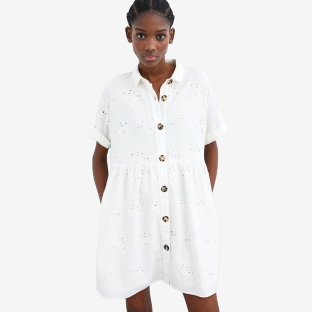 Zara Eyelet Mini Dress Size XL White Babydoll Boho Cottagecore Romantic Coastal - Picture 3 of 5